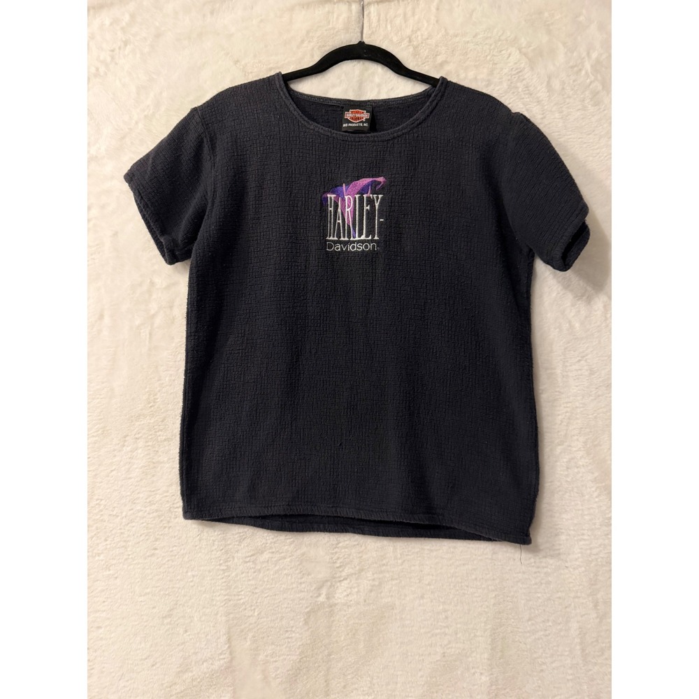 Vintage Harley Davidson Waffle Knit Shirt Womens Medium Black Tri-County Ohio
